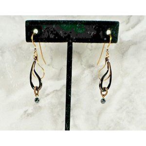 Black & Gold Tone Open Design Dangle Earrings with Small Black Crystal - 1 3/4"